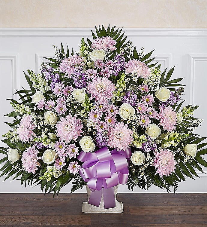 Heartfelt Tribute Lavender &amp; White Floor Basket Arrangement