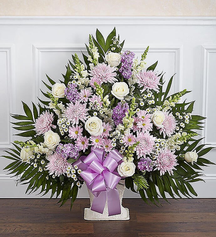 Heartfelt Tribute Lavender &amp; White Floor Basket Arrangement
