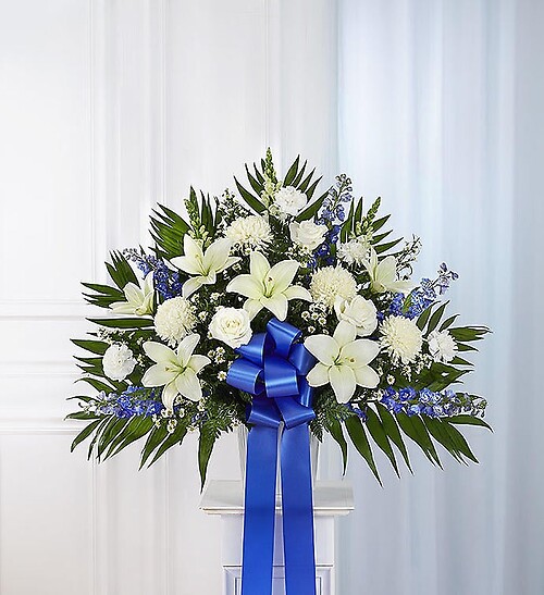 Heartfelt Sympathies Standing Basket- Blue &amp; White