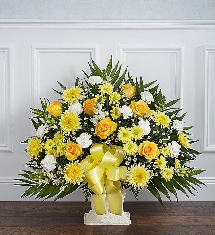 Heartfelt Tribute Yellow Floor Basket Arrangement