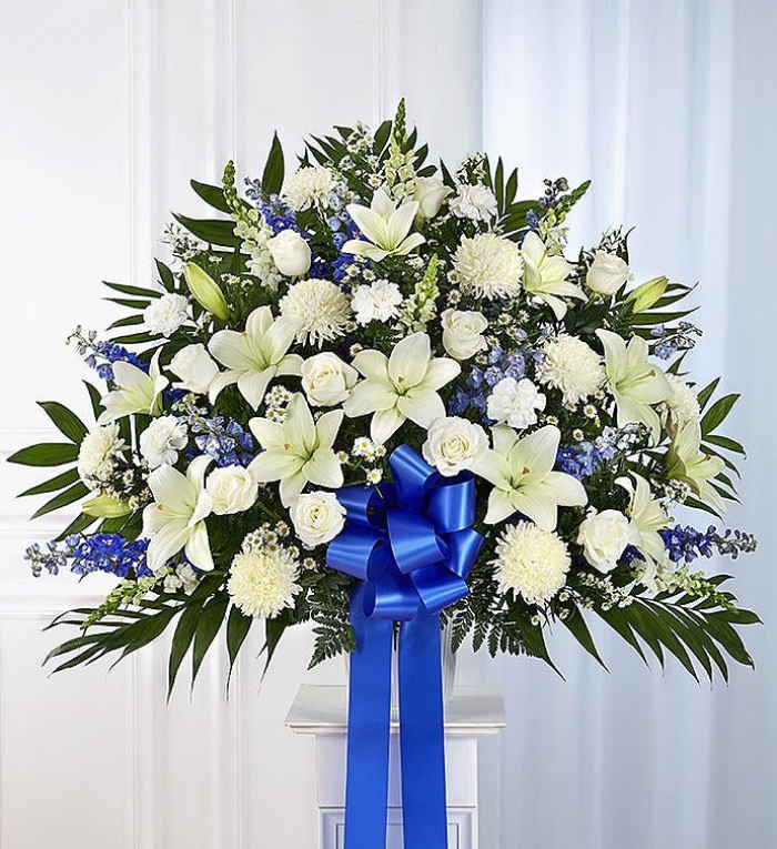Heartfelt Sympathies Standing Basket- Blue & White