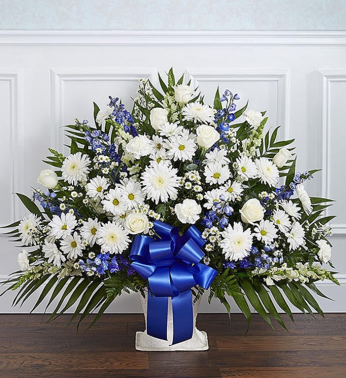 Heartfelt Tribute tm Blue & White Floor Basket Arrangement