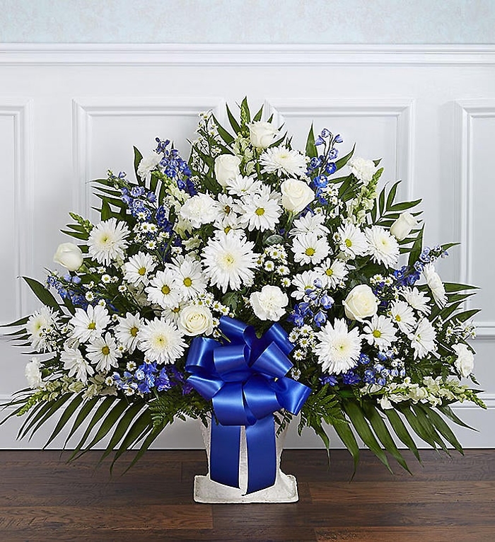Heartfelt Tribute tm Blue & White Floor Basket Arrangement