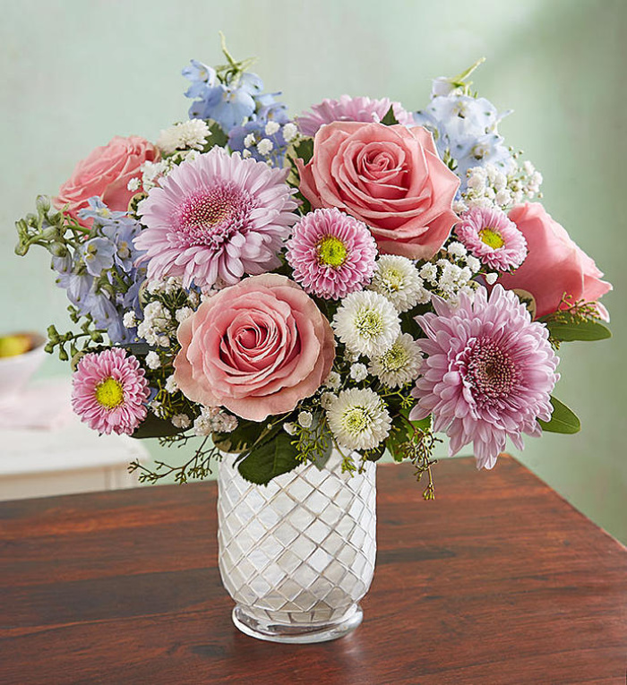 Floral Melody in White Mosaic Vase