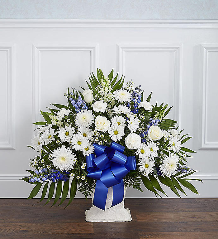 Heartfelt Tribute tm Blue & White Floor Basket Arrangement