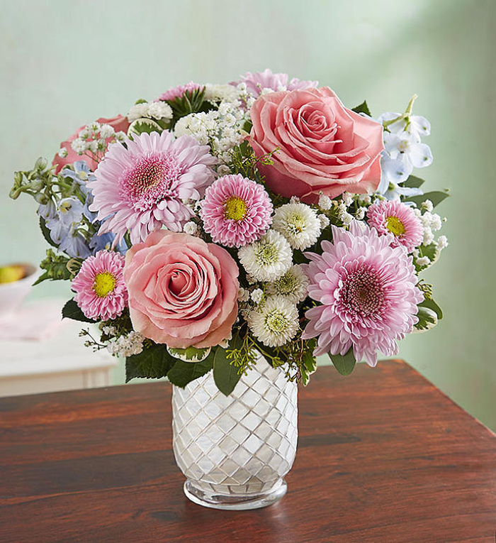 Floral Melody in White Mosaic Vase